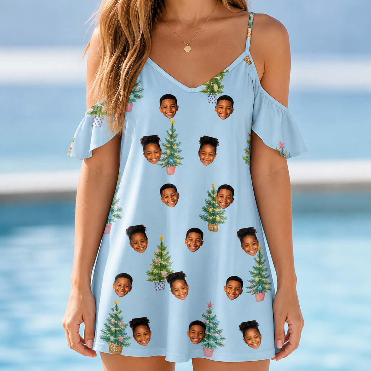Model wearing Women's Spruce Spectacle Custom Face Off-Shoulder Dress printed with kids' faces