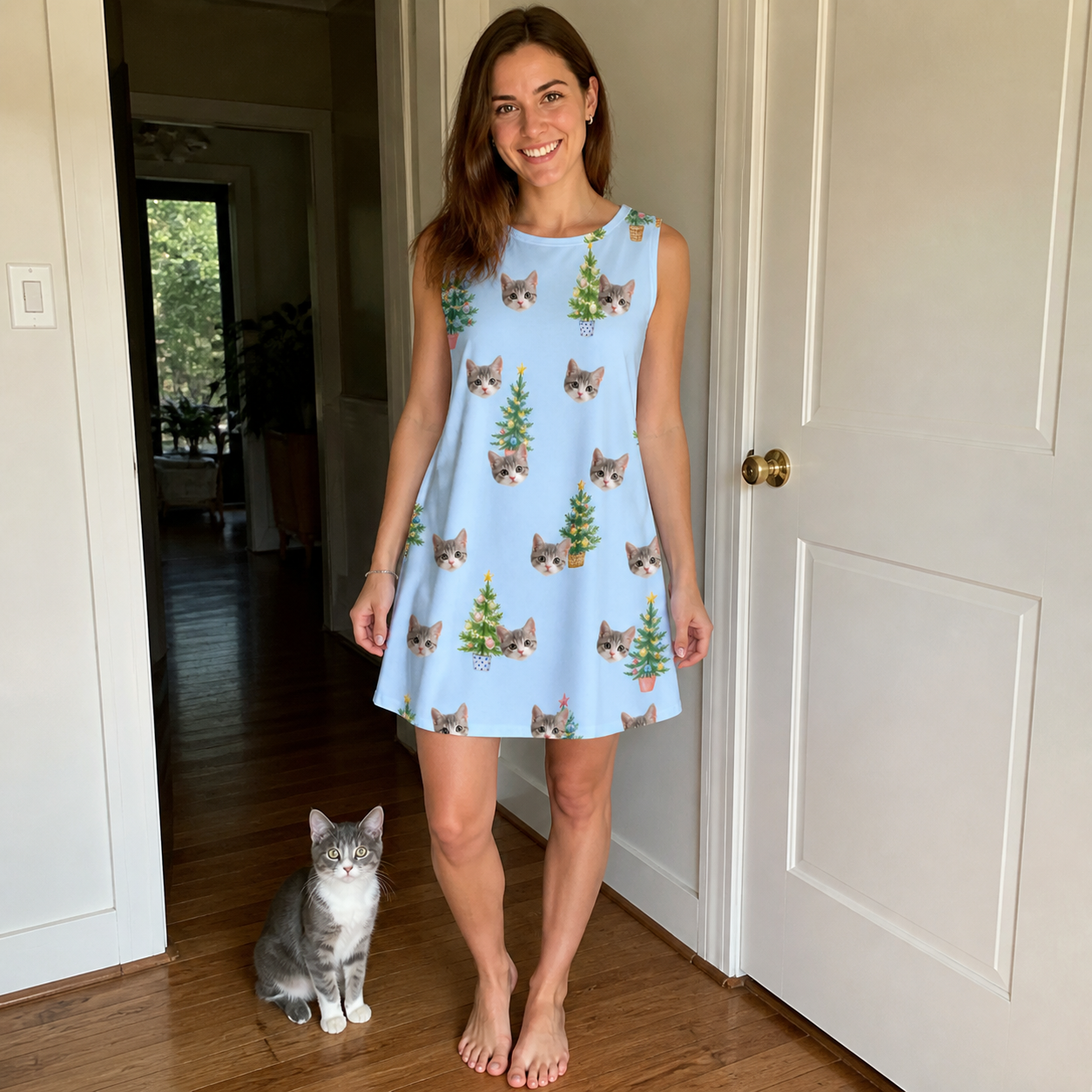 Full-length photo with the pet printed all over this Women's Spruce Spectacle Custom Cat Face Tank Dress
