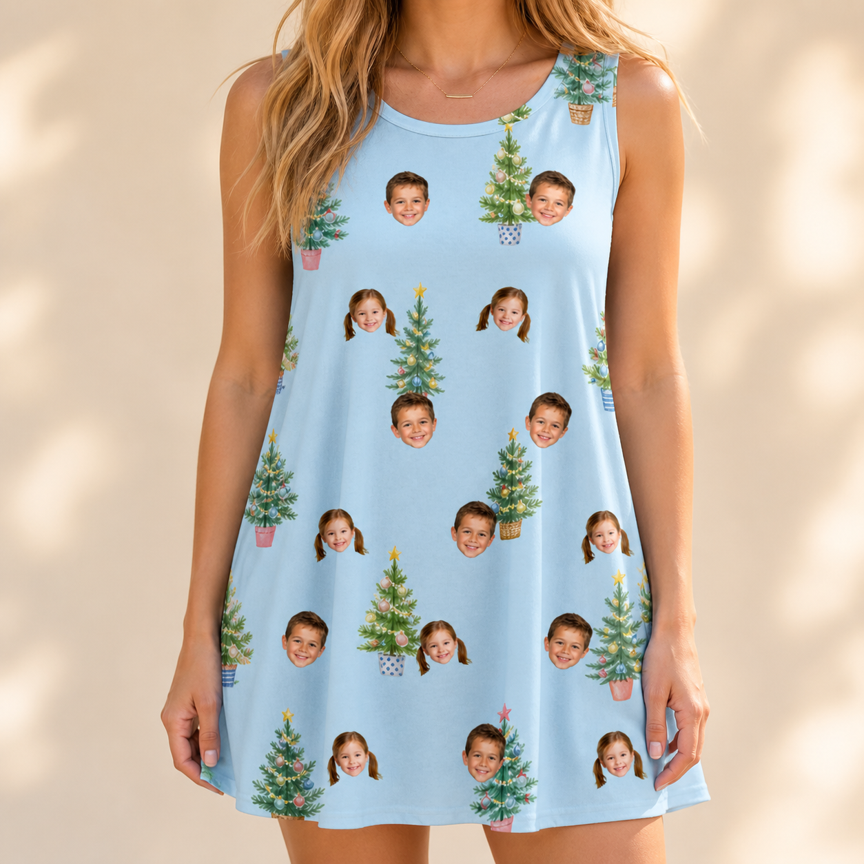 Model wearing Women's Spruce Spectacle Custom Face Tank Dress printed with kids' faces