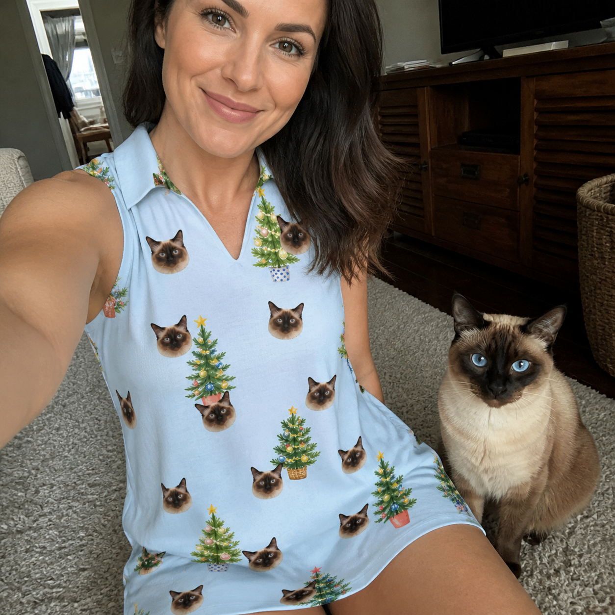 Selfie with the pet whose face is printed all over this Women's Spruce Spectacle Custom Cat Face V-Neck Dress