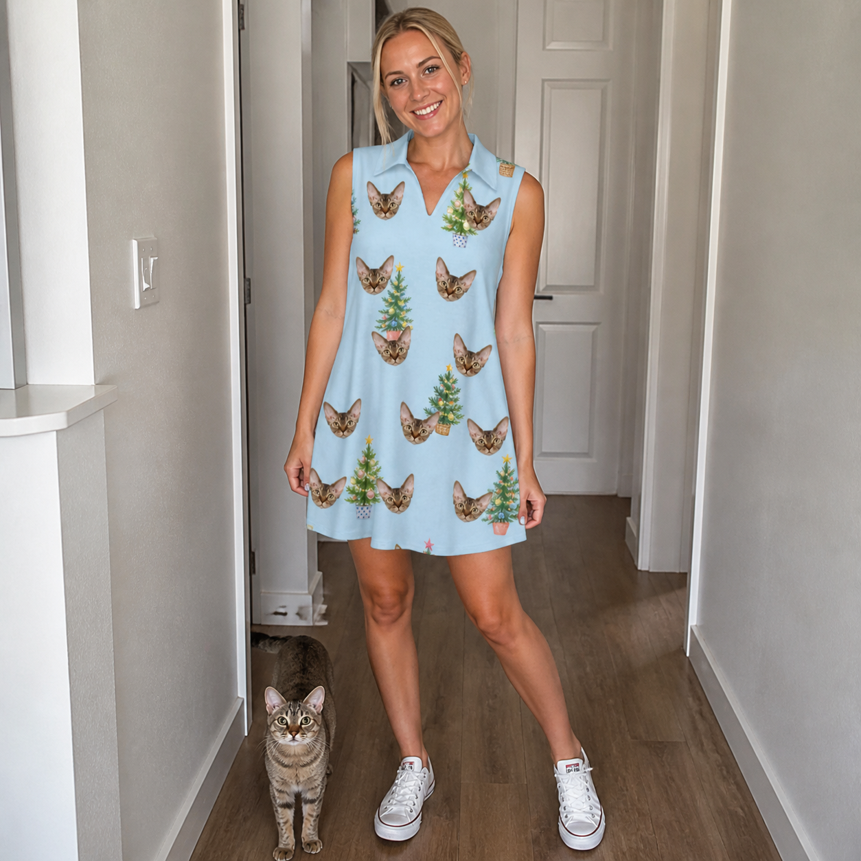 Full-length photo with the pet printed all over this Women's Spruce Spectacle Custom Cat Face V-Neck Dress