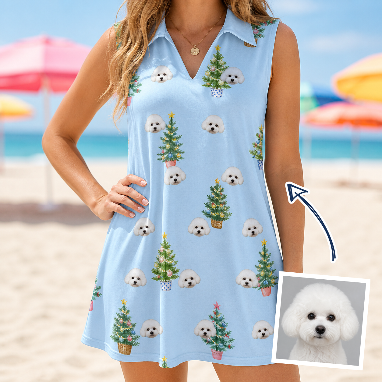 Woman wearing Women's Spruce Spectacle Custom Dog Face V-Neck Dress — custom faces printed all-over