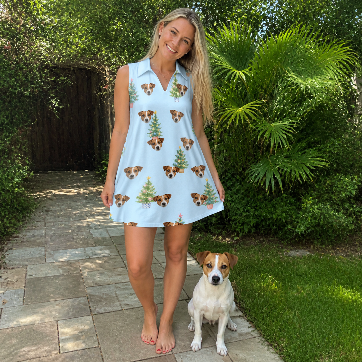 Full-length photo with the pet printed all over this Women's Spruce Spectacle Custom Dog Face V-Neck Dress
