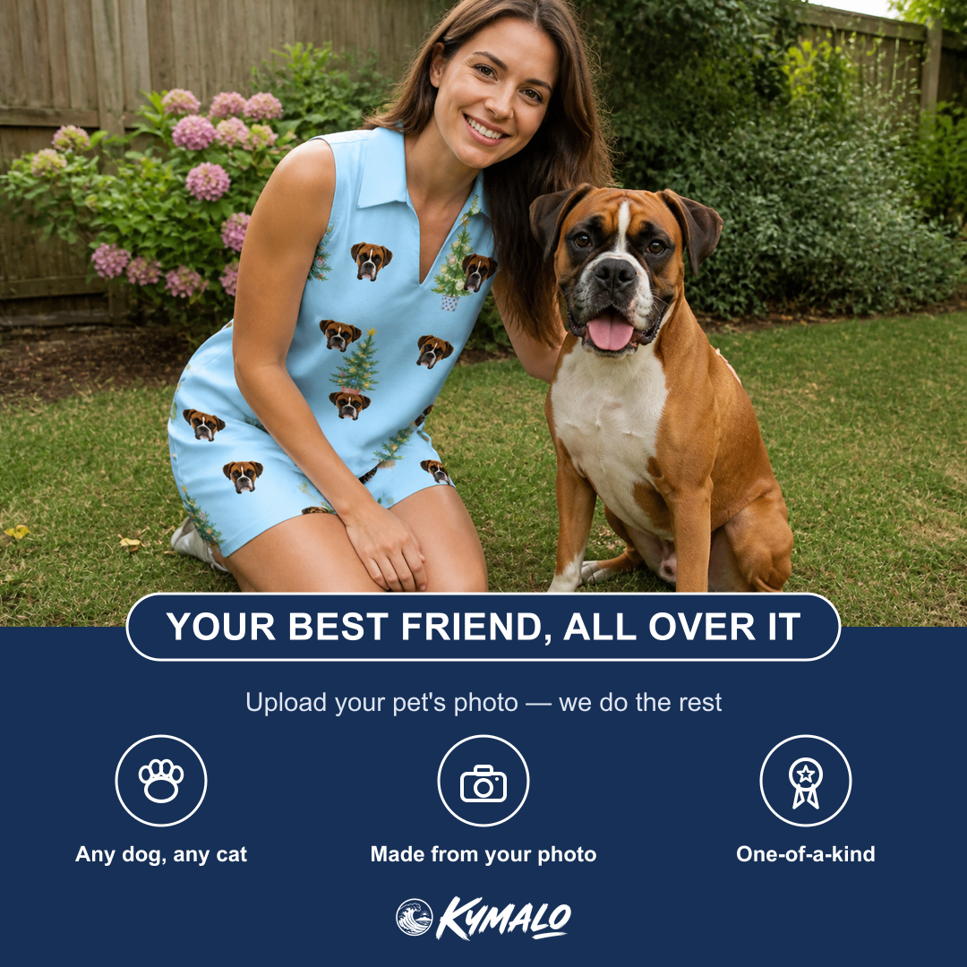 Friends in matching Women's Spruce Spectacle Custom Dog Face V-Neck Dress — a group gift photo