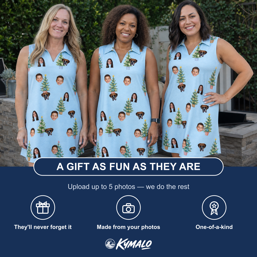 Friends in matching Women's Spruce Spectacle Custom Face V-Neck Dress — a group gift photo