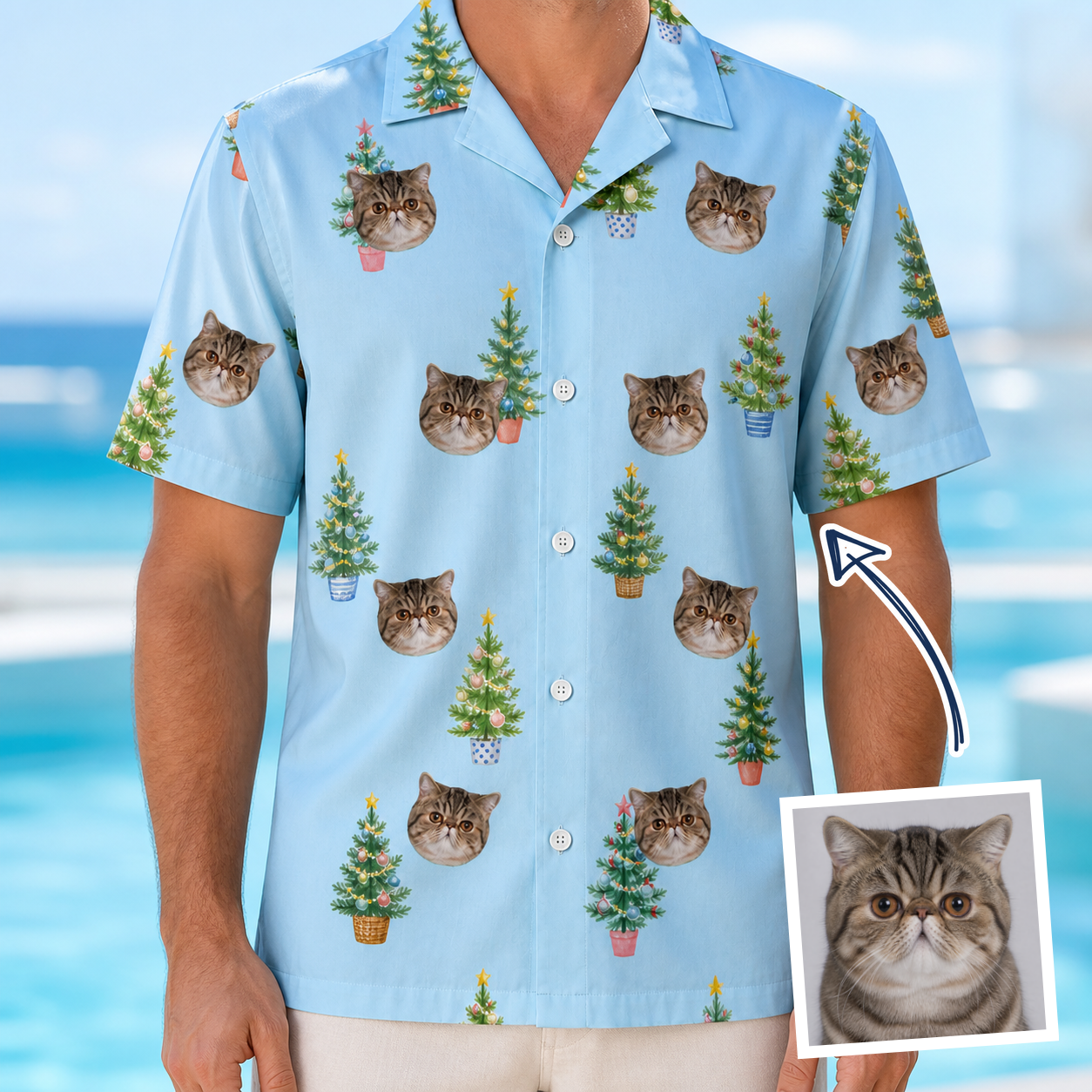 Man wearing Men's Spruce Spectacle Custom Cat Face Hawaiian Shirt — custom faces printed all-over