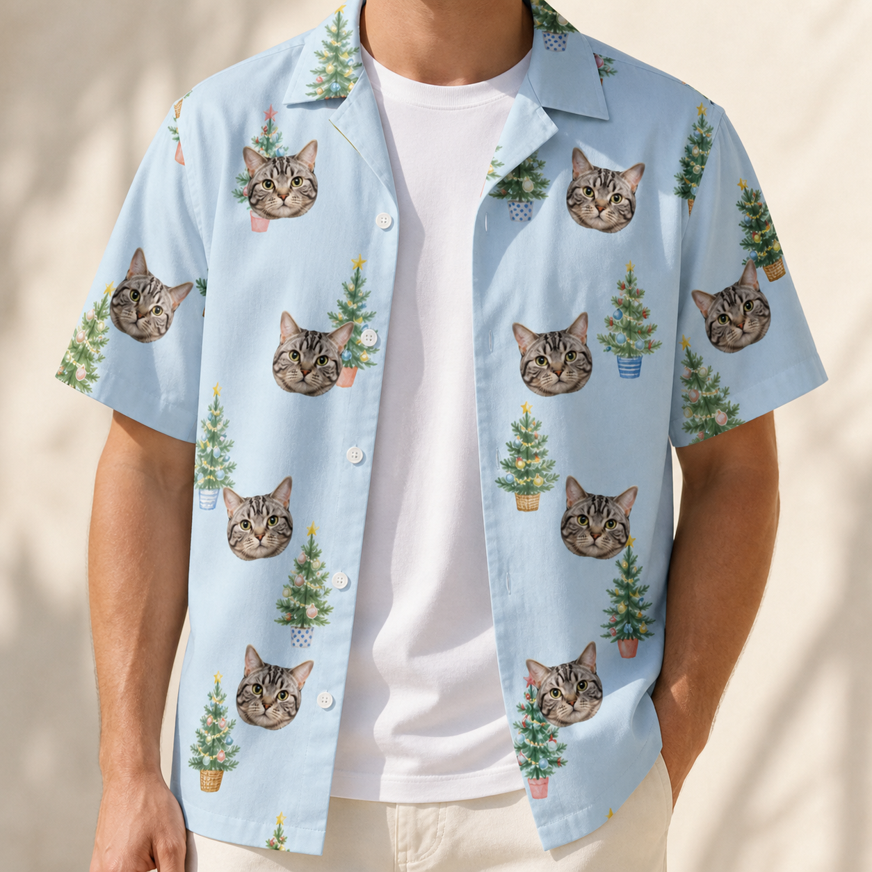 Man wearing Men's Spruce Spectacle Custom Cat Face Hawaiian Shirt open over a white tee