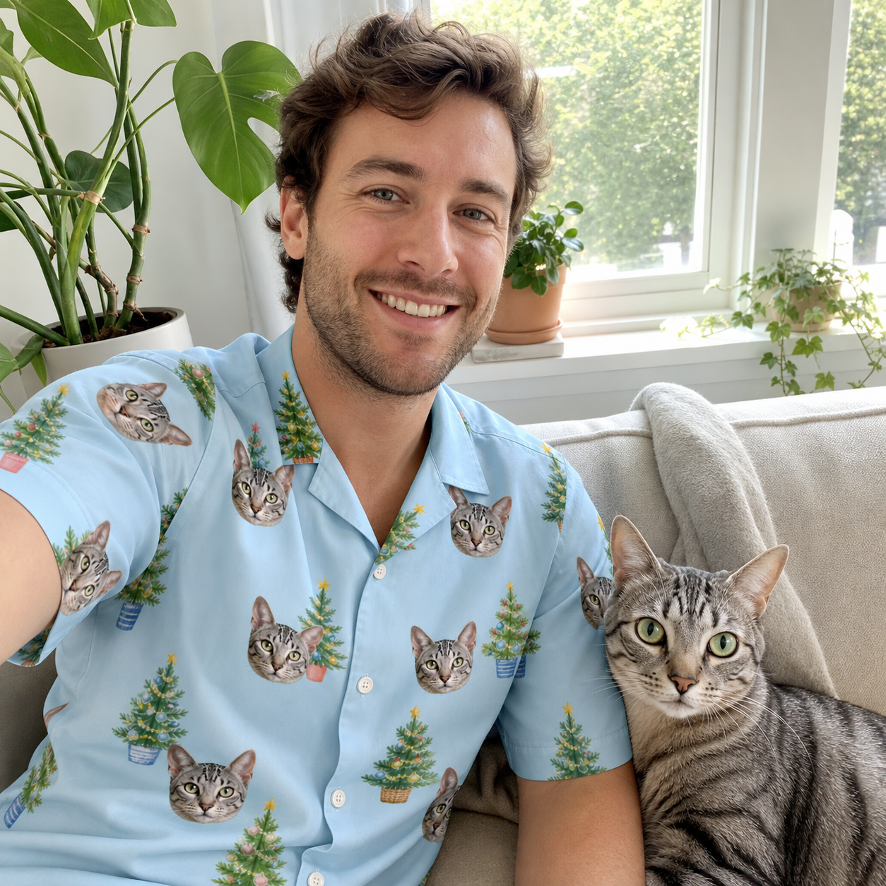 Selfie with the pet whose face is printed all over this Men's Spruce Spectacle Custom Cat Face Hawaiian Shirt