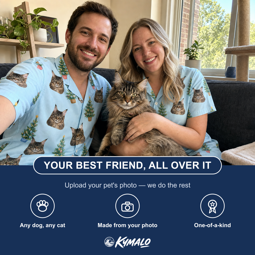 Friends in matching Men's Spruce Spectacle Custom Cat Face Hawaiian Shirt — a group gift photo