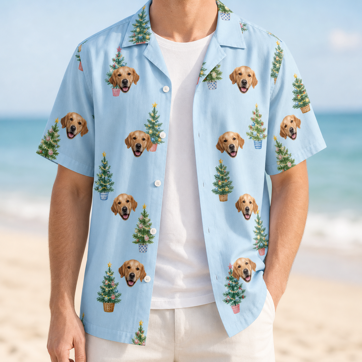 Man wearing Men's Spruce Spectacle Custom Dog Face Hawaiian Shirt open over a white tee