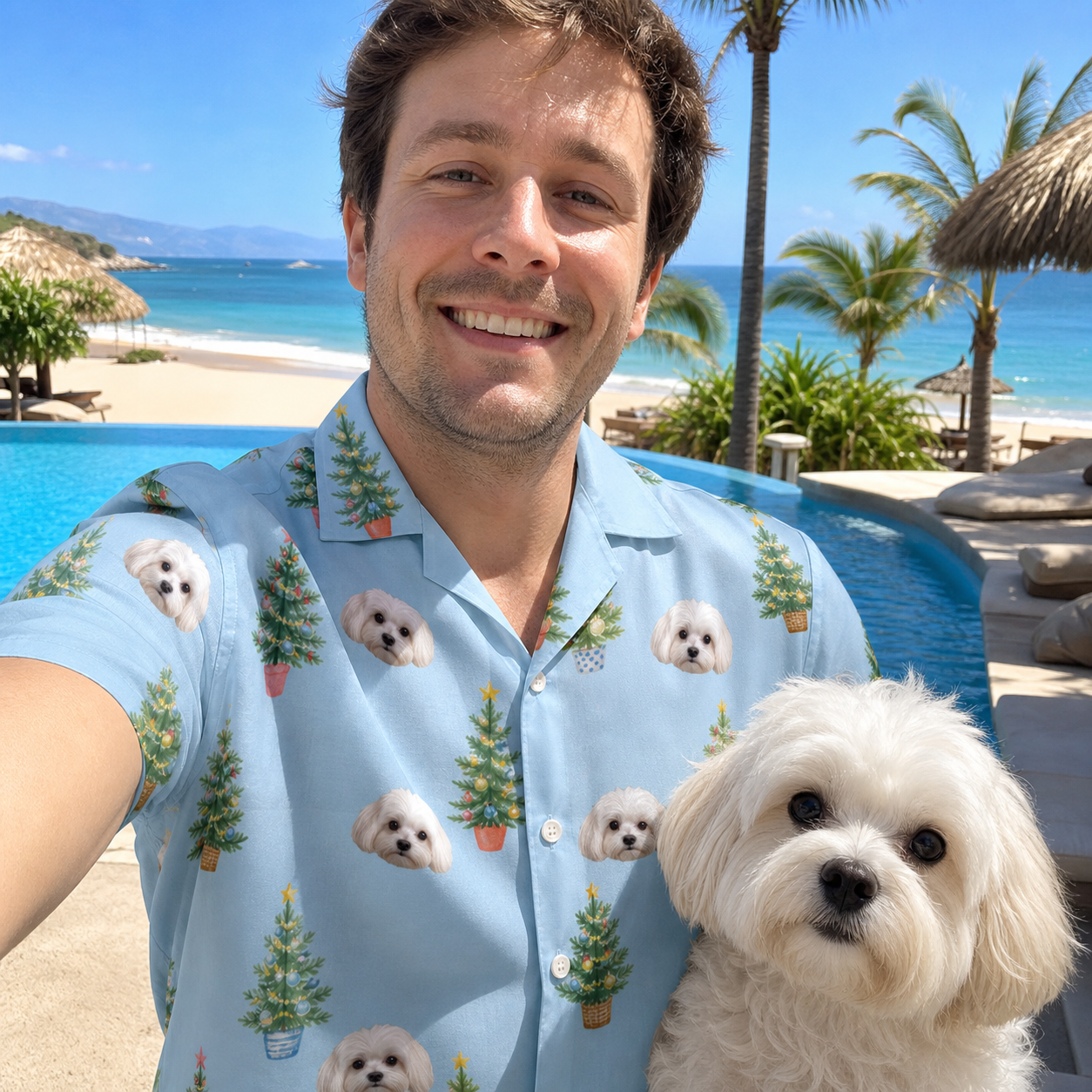 Selfie with the pet whose face is printed all over this Men's Spruce Spectacle Custom Dog Face Hawaiian Shirt