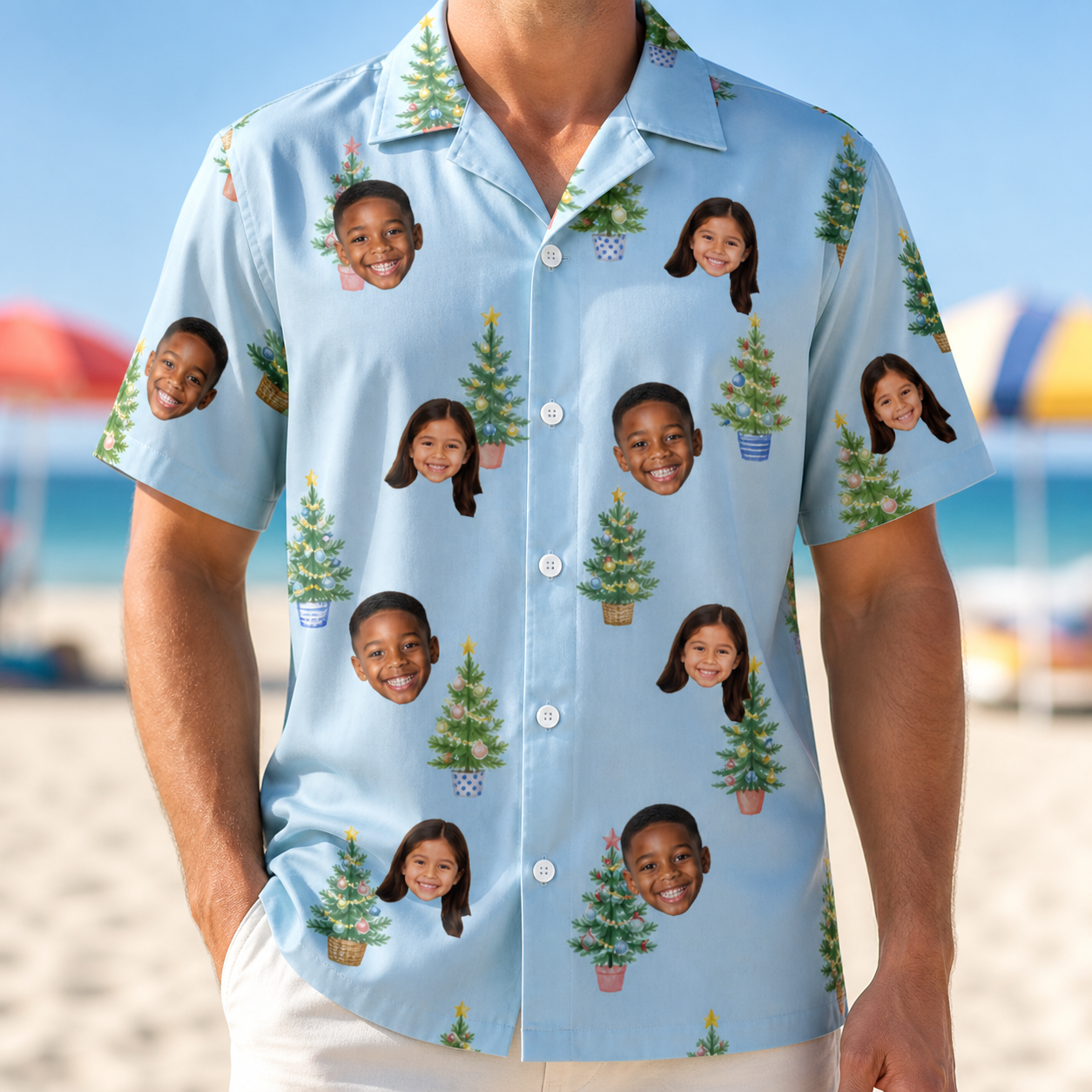 Model wearing Men's Spruce Spectacle Custom Face Hawaiian Shirt printed with kids' faces