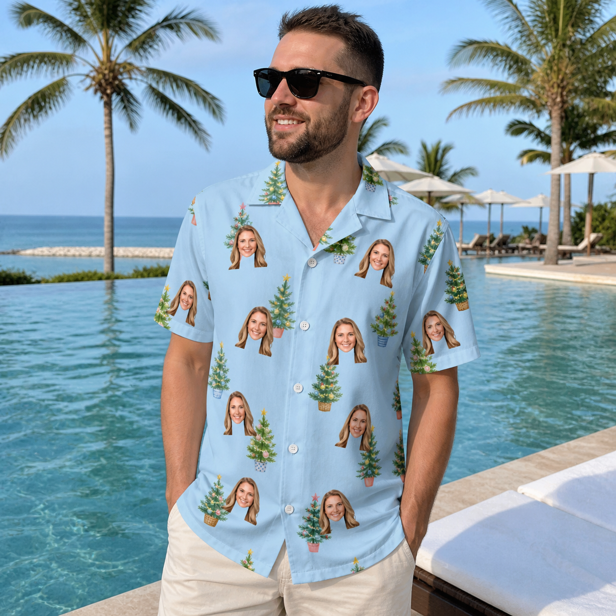 Real-life photo of someone wearing Men's Spruce Spectacle Custom Face Hawaiian Shirt — custom faces printed all-over