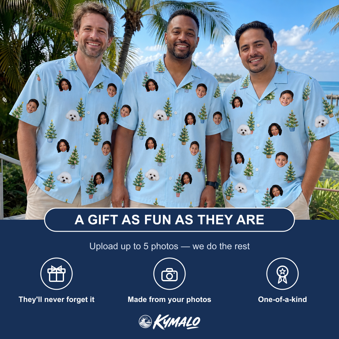 Friends in matching Men's Spruce Spectacle Custom Face Hawaiian Shirt — a group gift photo
