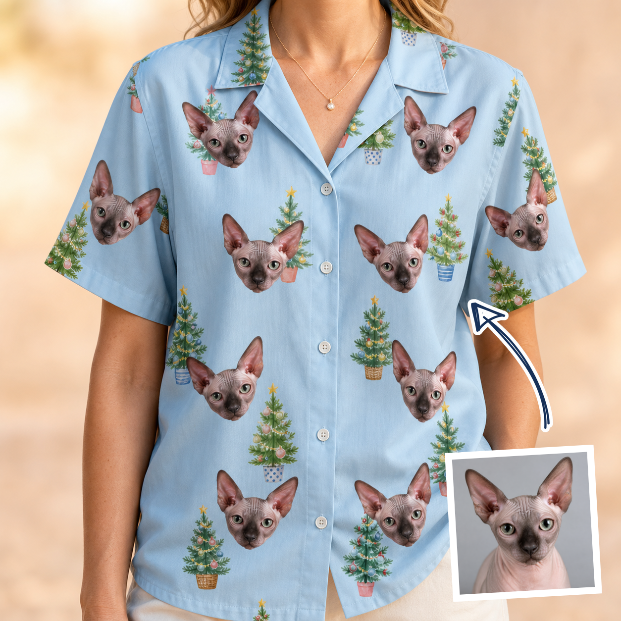 Woman wearing Women's Spruce Spectacle Custom Cat Face Hawaiian Shirt — custom faces printed all-over