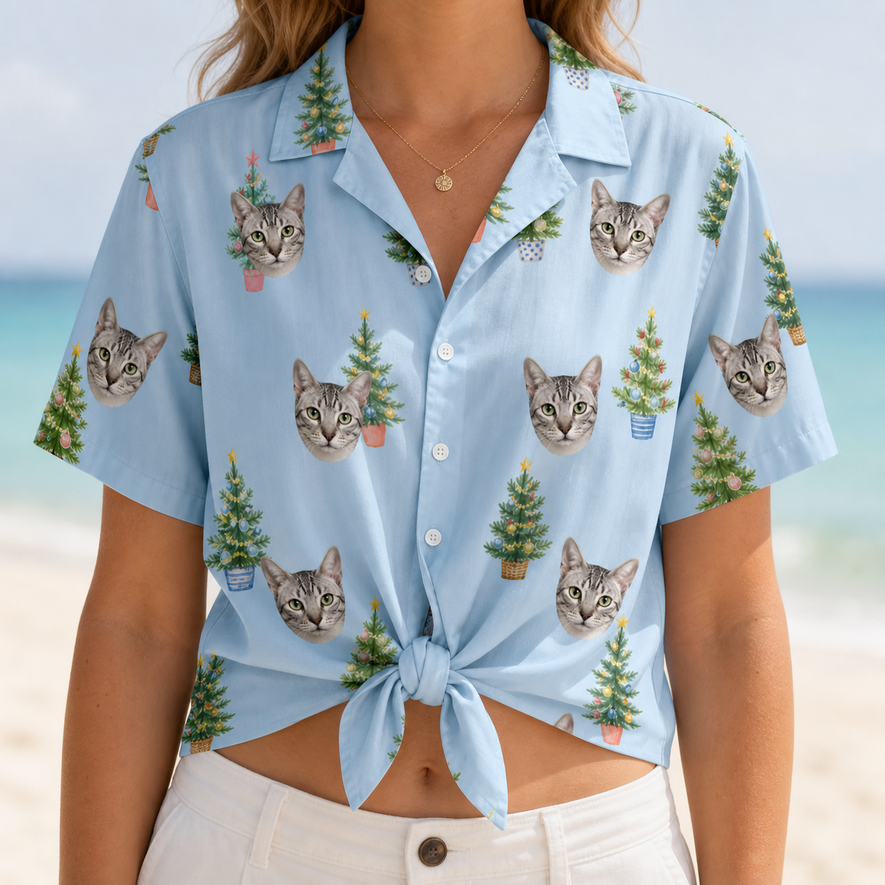 Woman wearing Women's Spruce Spectacle Custom Cat Face Hawaiian Shirt tied at the waist