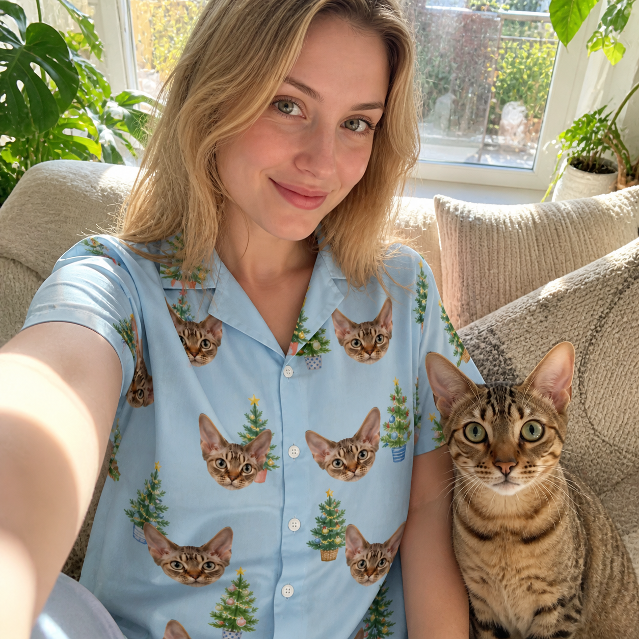 Selfie with the pet whose face is printed all over this Women's Spruce Spectacle Custom Cat Face Hawaiian Shirt