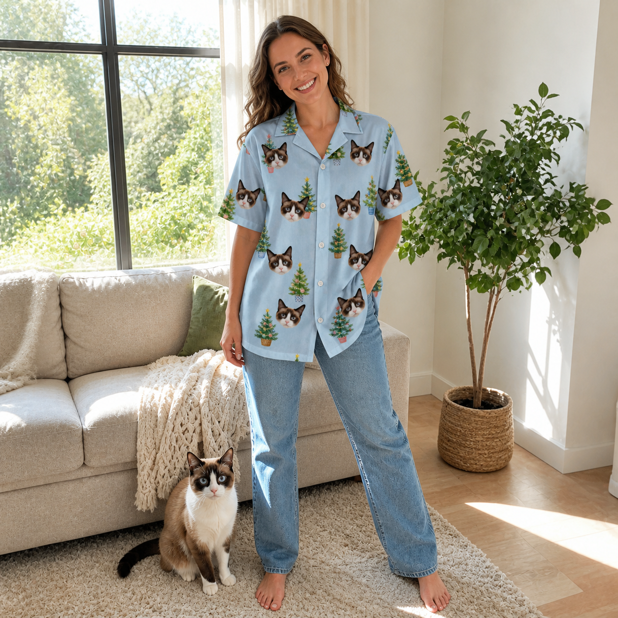 Full-length photo with the pet printed all over this Women's Spruce Spectacle Custom Cat Face Hawaiian Shirt
