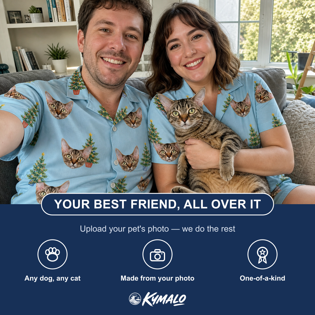 Friends in matching Women's Spruce Spectacle Custom Cat Face Hawaiian Shirt — a group gift photo