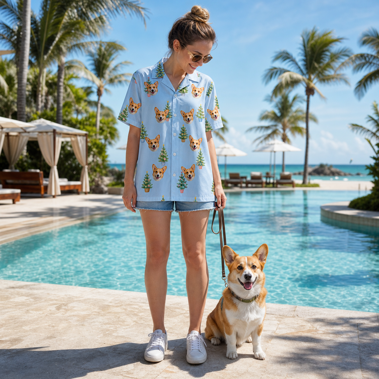 Full-length photo with the pet printed all over this Women's Spruce Spectacle Custom Dog Face Hawaiian Shirt