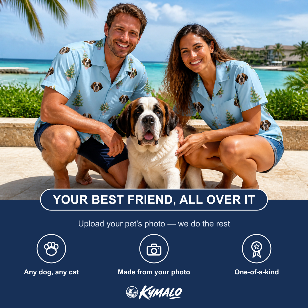 Friends in matching Women's Spruce Spectacle Custom Dog Face Hawaiian Shirt — a group gift photo