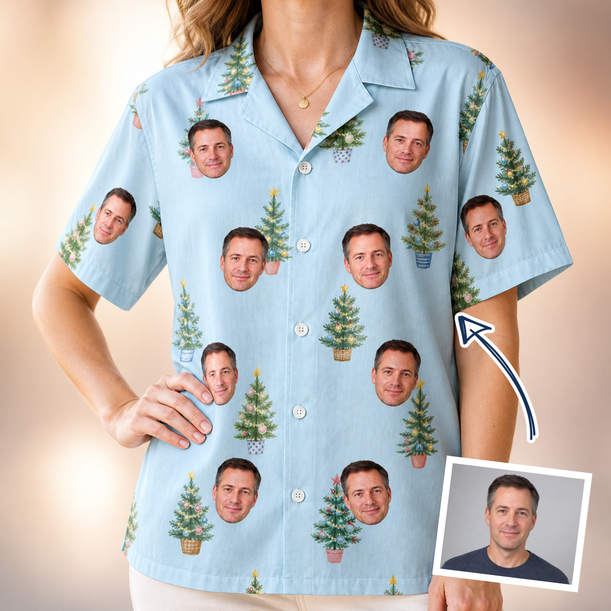 Woman wearing Women's Spruce Spectacle Custom Face Hawaiian Shirt — custom faces printed all-over