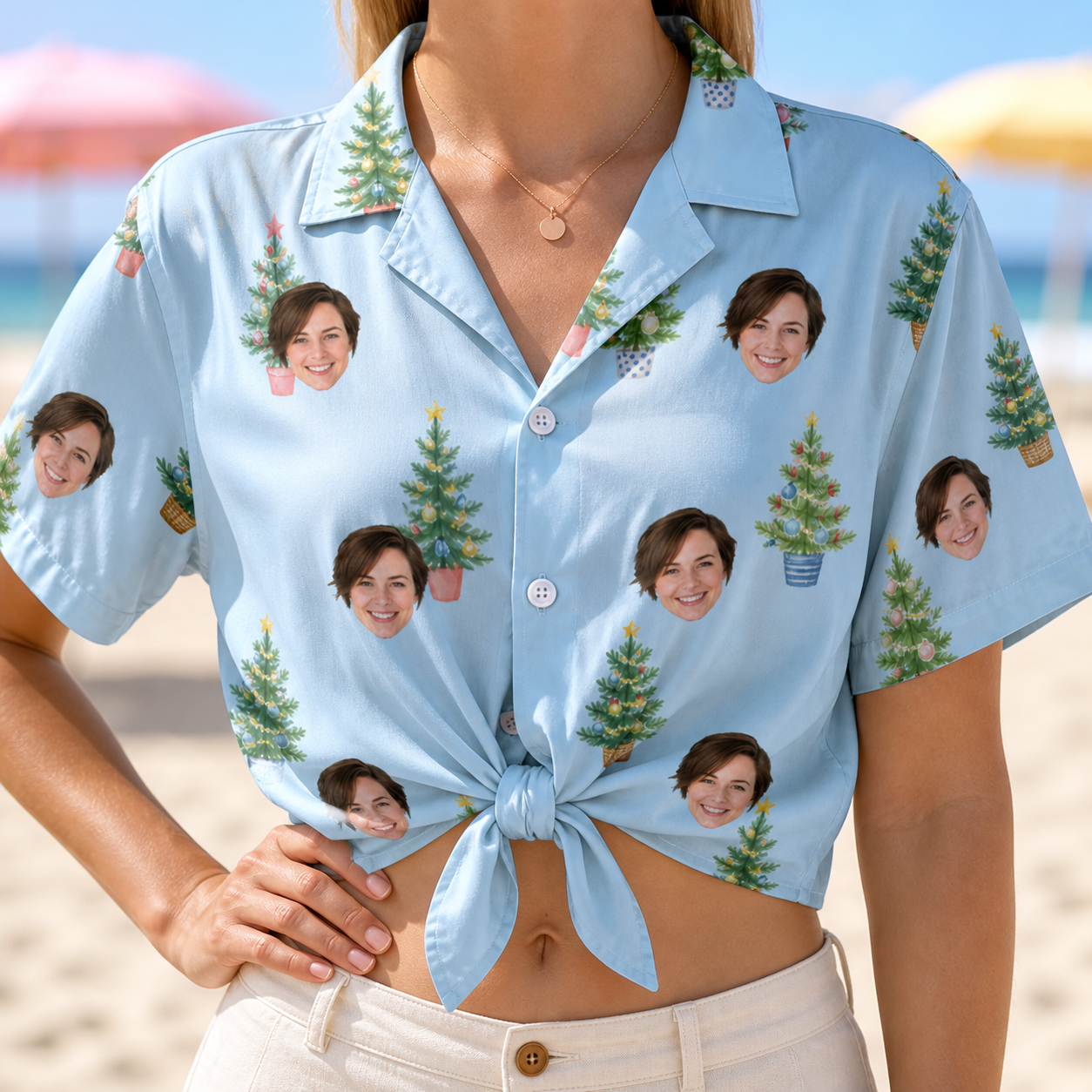 Woman wearing Women's Spruce Spectacle Custom Face Hawaiian Shirt tied at the waist