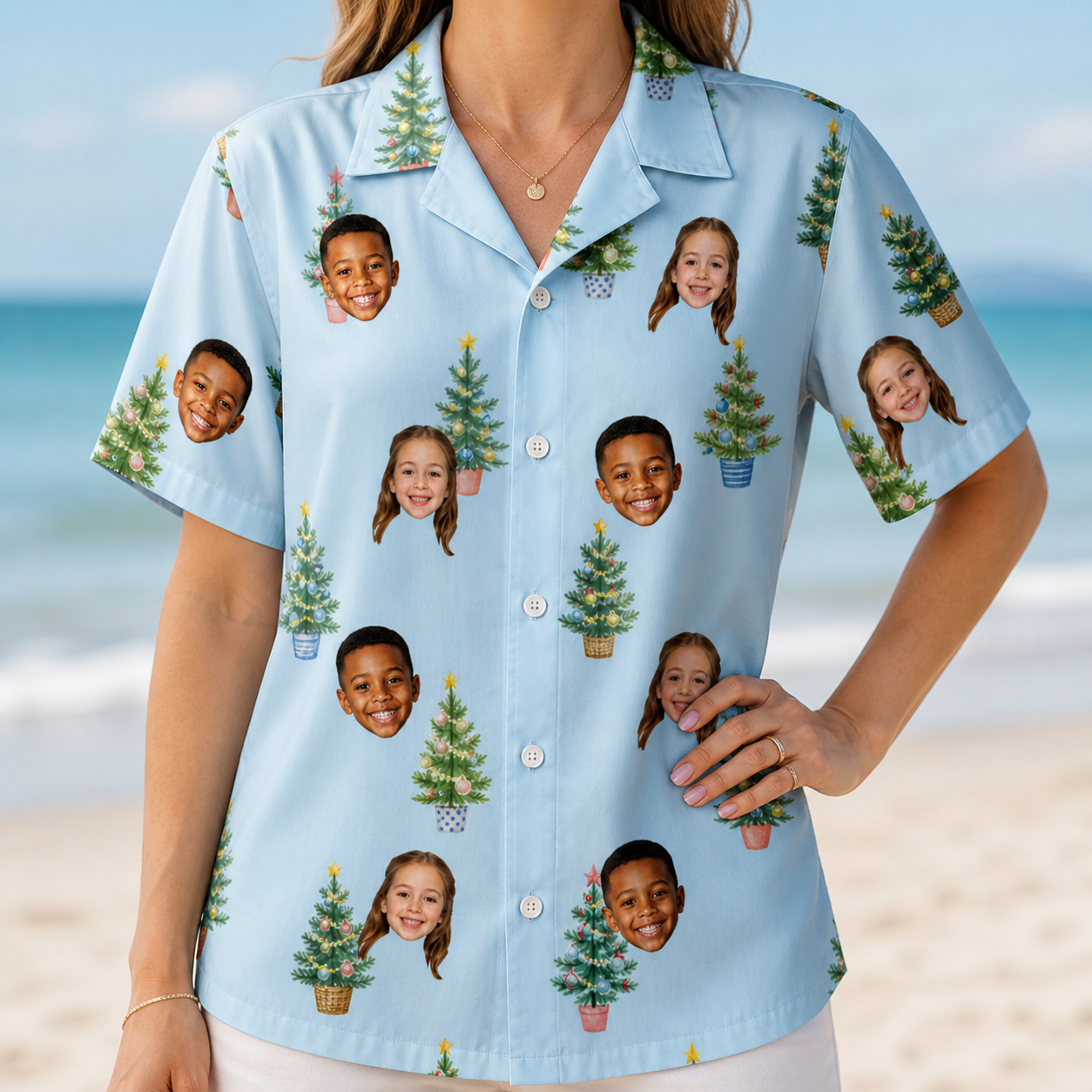 Model wearing Women's Spruce Spectacle Custom Face Hawaiian Shirt printed with kids' faces