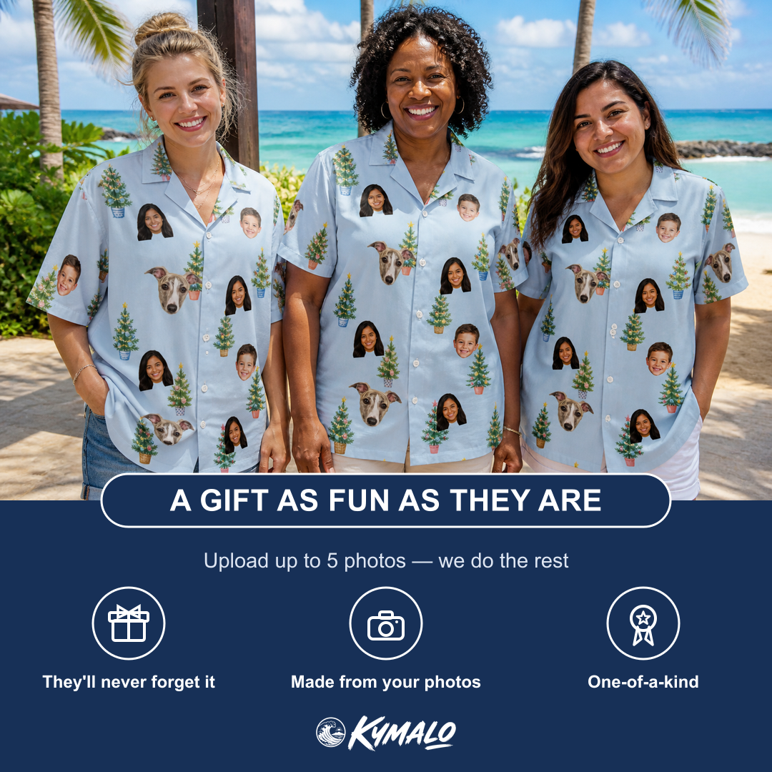 Friends in matching Women's Spruce Spectacle Custom Face Hawaiian Shirt — a group gift photo