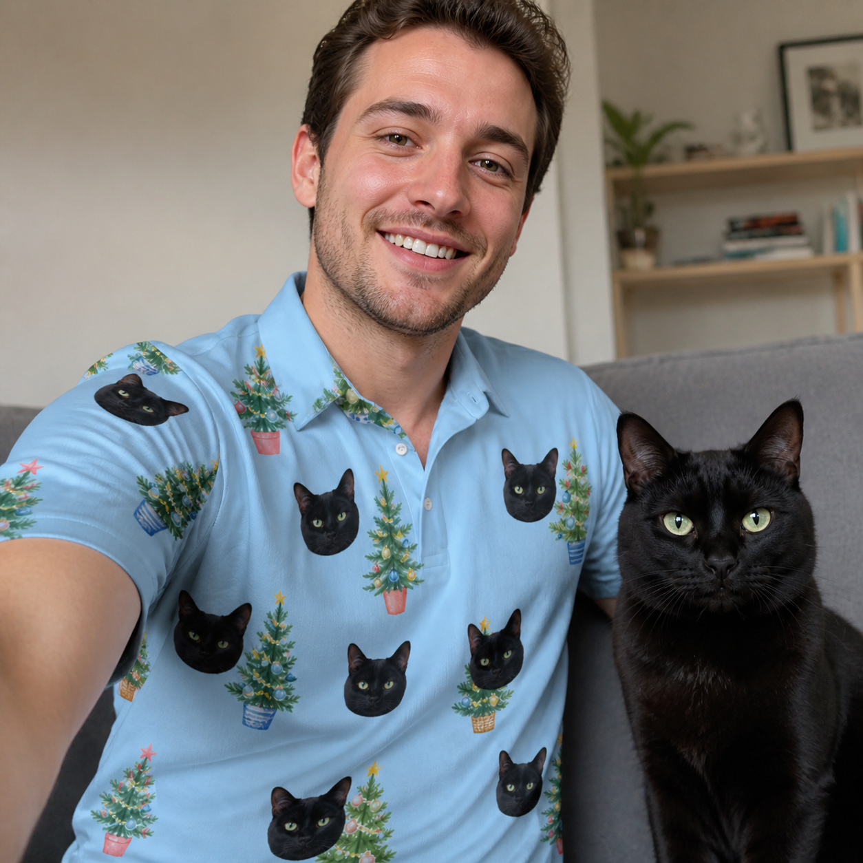 Selfie with the pet whose face is printed all over this Men's Spruce Spectacle Custom Cat Face Polo Shirt