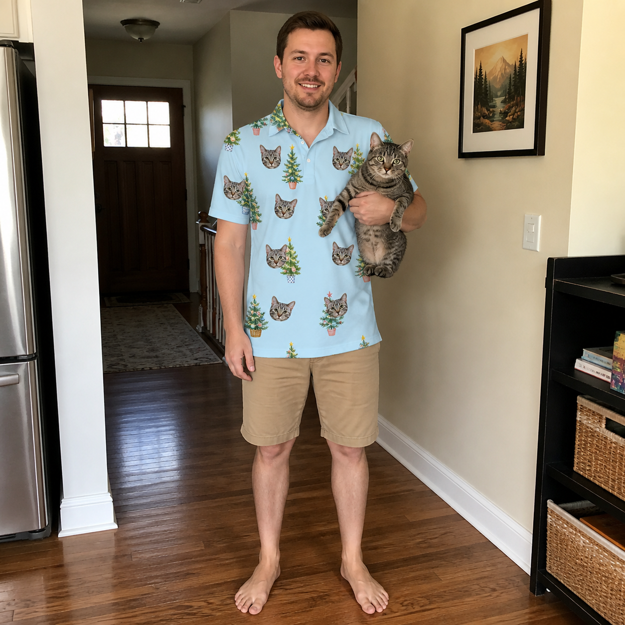 Full-length photo with the pet printed all over this Men's Spruce Spectacle Custom Cat Face Polo Shirt