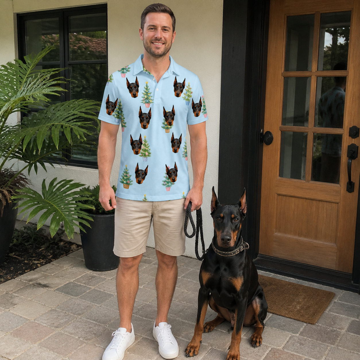 Full-length photo with the pet printed all over this Men's Spruce Spectacle Custom Dog Face Polo Shirt
