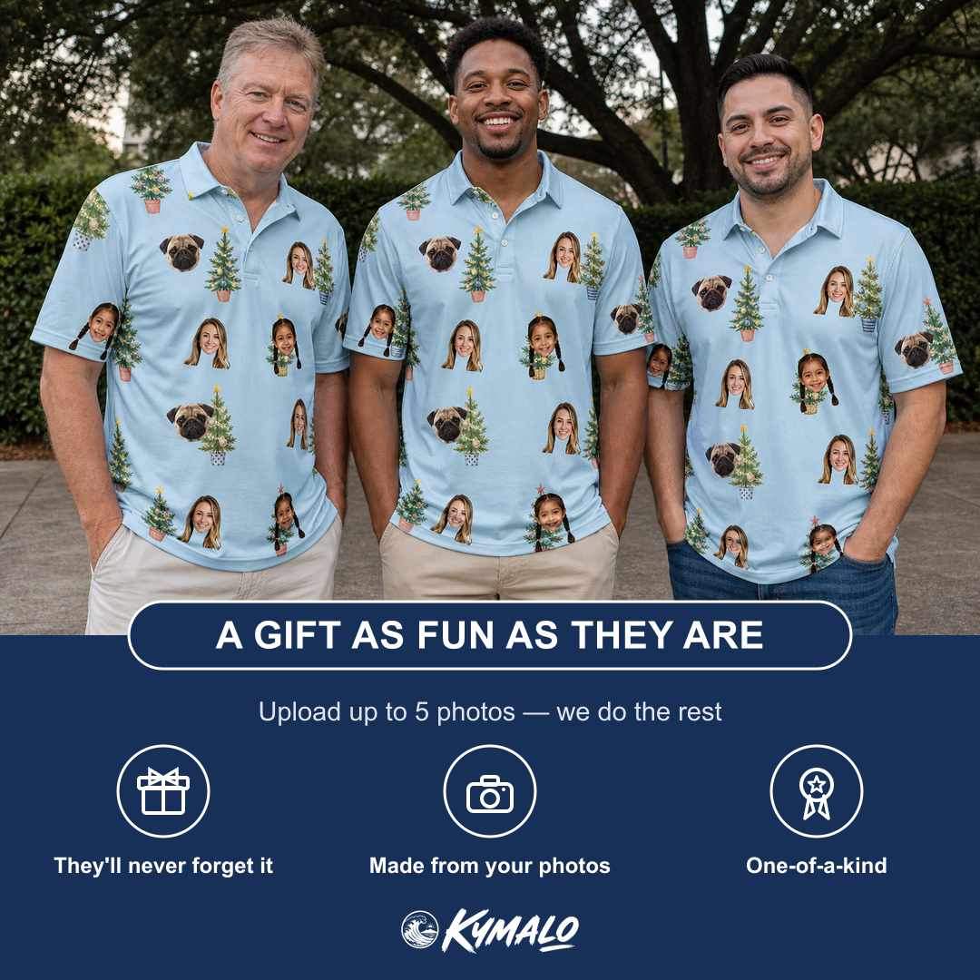 Friends in matching Men's Spruce Spectacle Custom Face Polo Shirt — a group gift photo