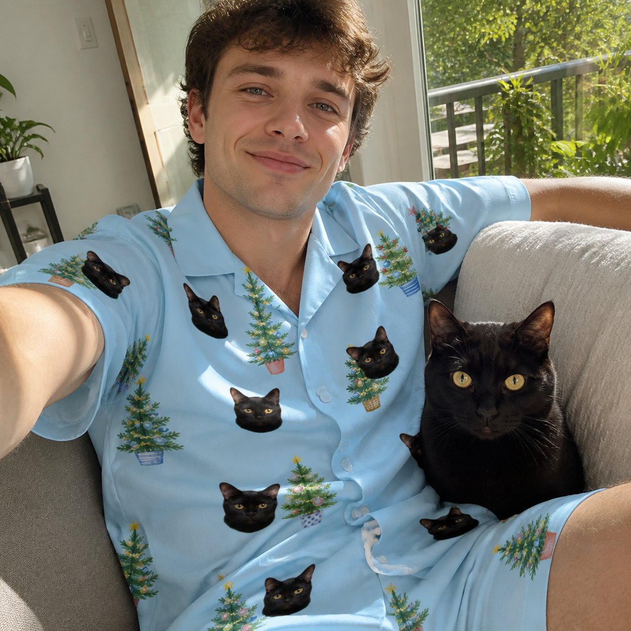 Selfie with the pet whose face is printed all over this Men's Spruce Spectacle Custom Cat Face Shirt & Shorts Set