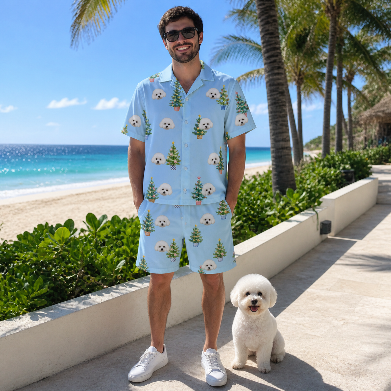 Full-length photo with the pet printed all over this Men's Spruce Spectacle Custom Dog Face Shirt & Shorts Set