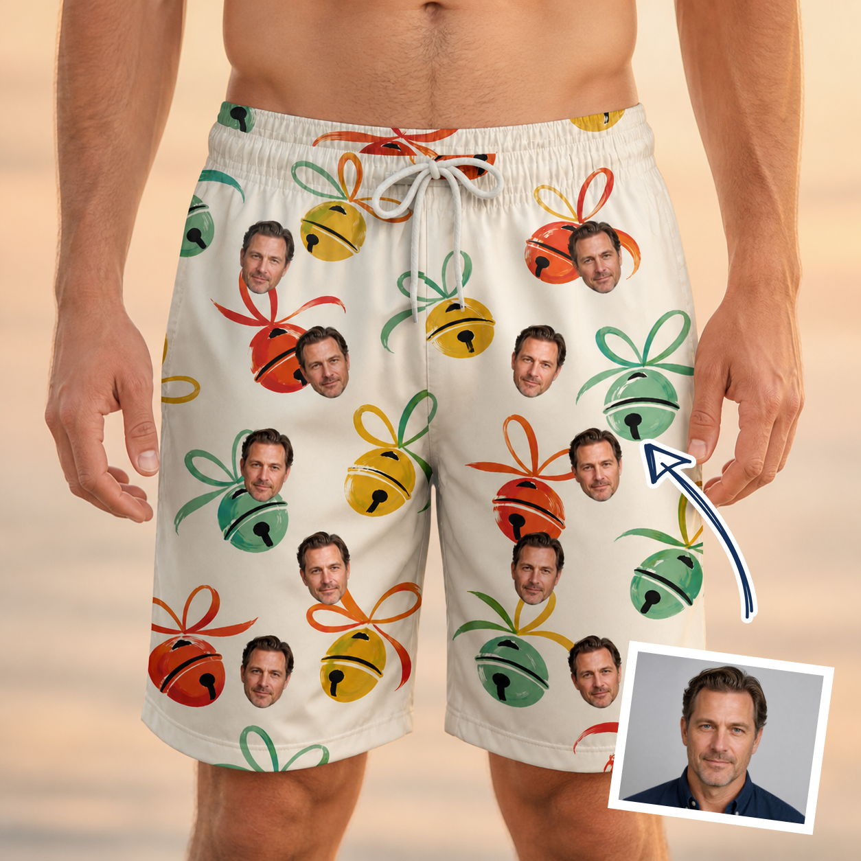 Man wearing Men's Sleigh Bells Custom Face Beach Shorts — custom faces printed all-over