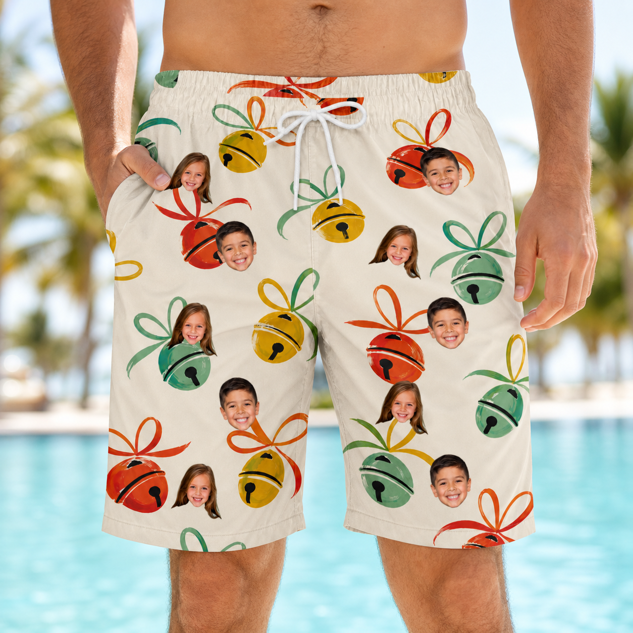 Model wearing Men's Sleigh Bells Custom Face Beach Shorts printed with kids' faces