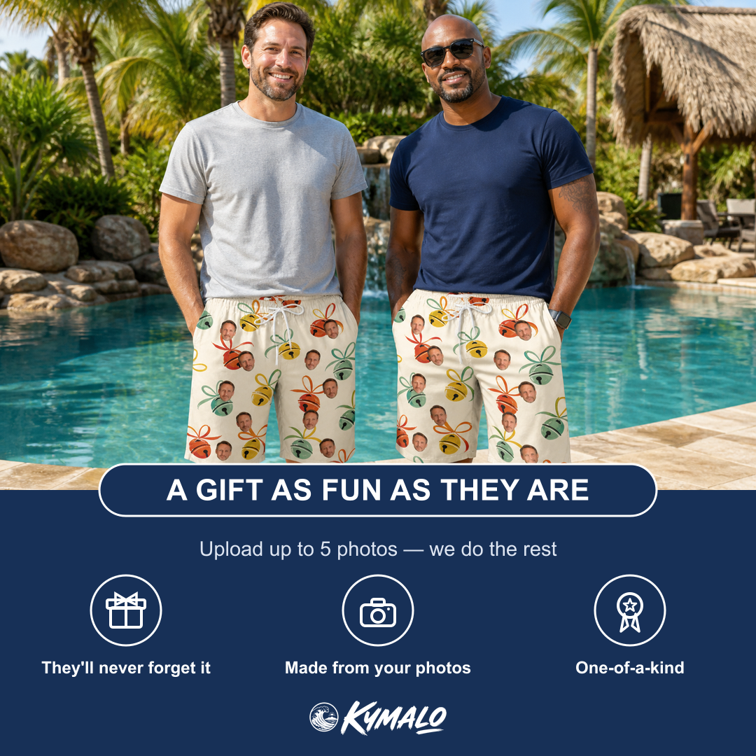 Friends in matching Men's Sleigh Bells Custom Face Beach Shorts — a group gift photo