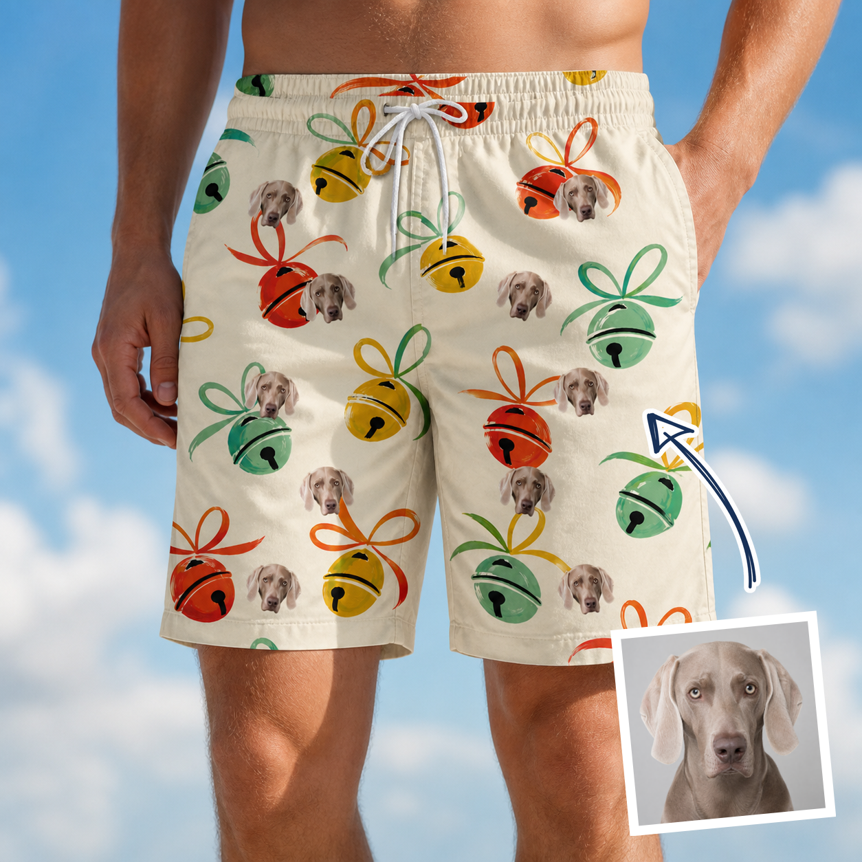 Man wearing Men's Sleigh Bells Custom Dog Face Beach Shorts — custom faces printed all-over