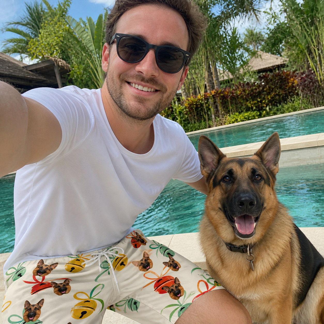 Selfie with the pet whose face is printed all over this Men's Sleigh Bells Custom Dog Face Beach Shorts