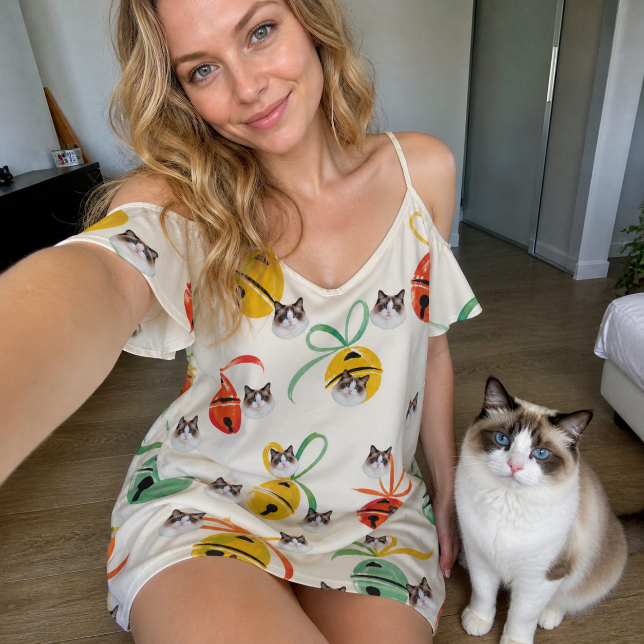 Selfie with the pet whose face is printed all over this Women's Sleigh Bells Custom Cat Face Off-Shoulder Dress