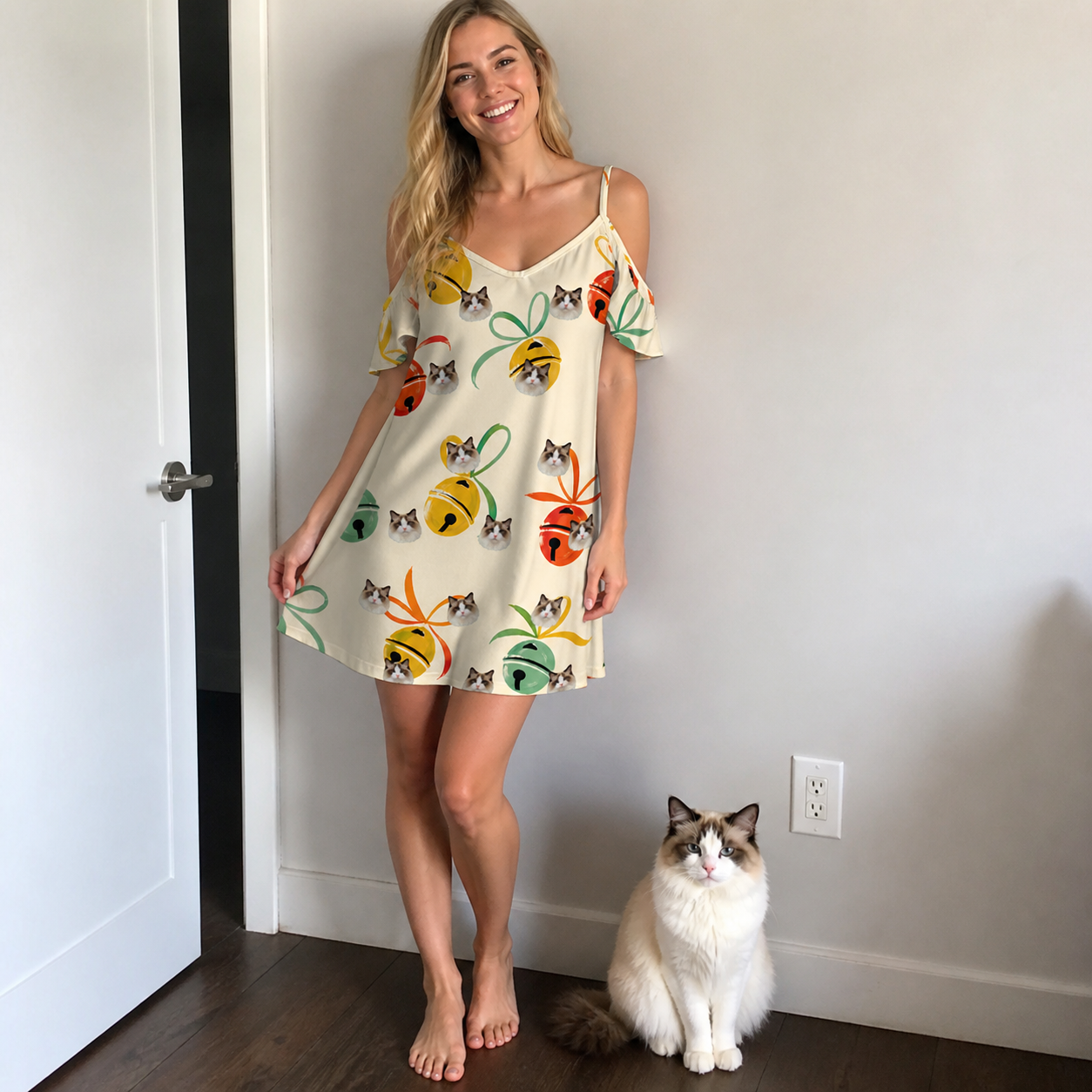 Full-length photo with the pet printed all over this Women's Sleigh Bells Custom Cat Face Off-Shoulder Dress