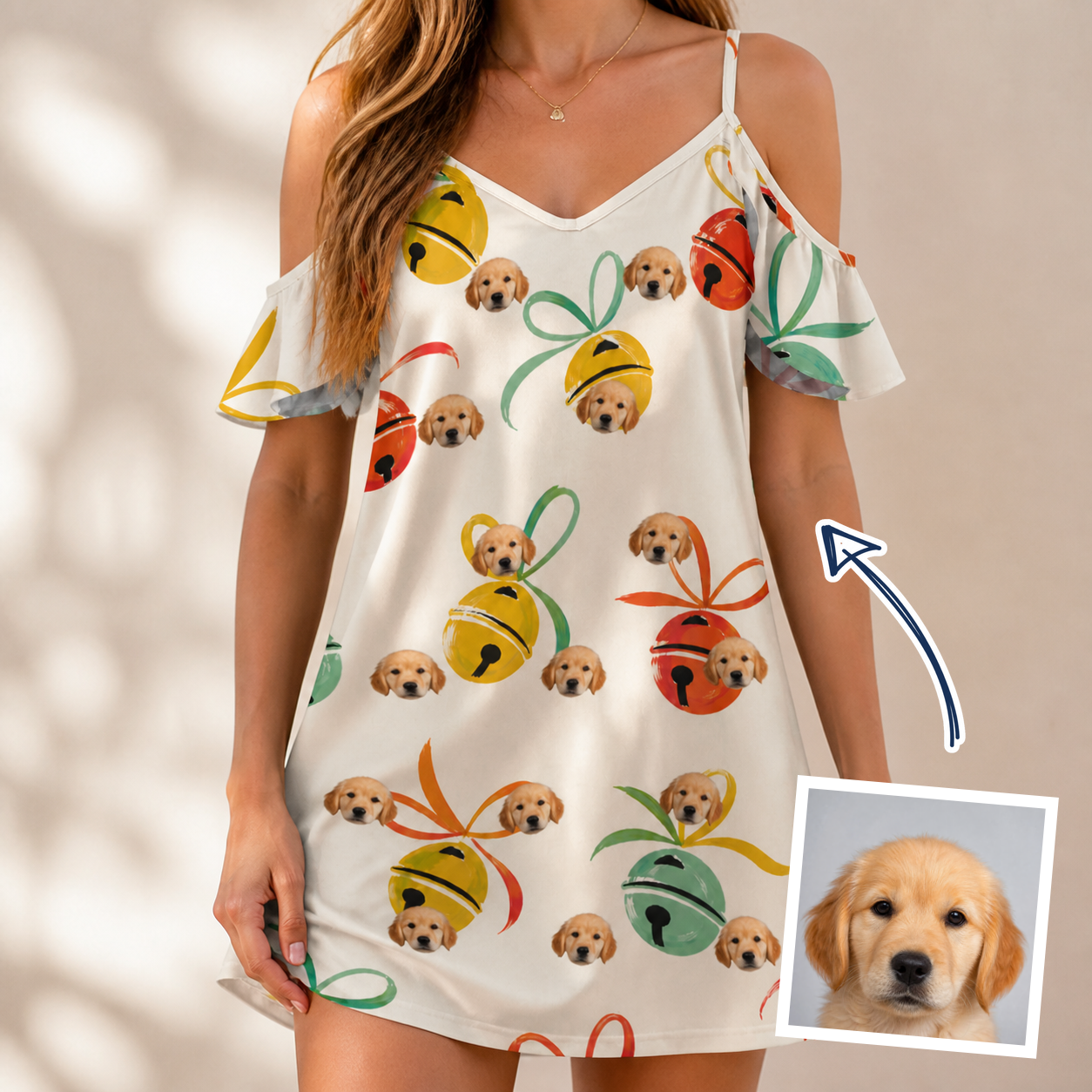 Woman wearing Women's Sleigh Bells Custom Dog Face Off-Shoulder Dress — custom faces printed all-over