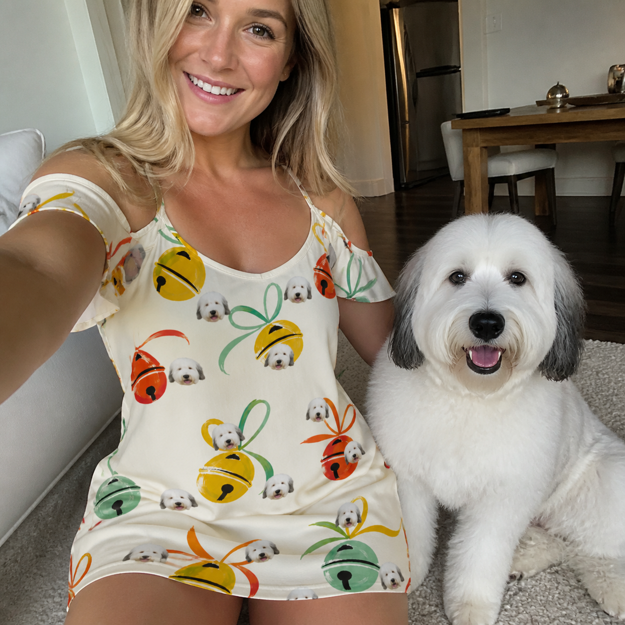 Selfie with the pet whose face is printed all over this Women's Sleigh Bells Custom Dog Face Off-Shoulder Dress