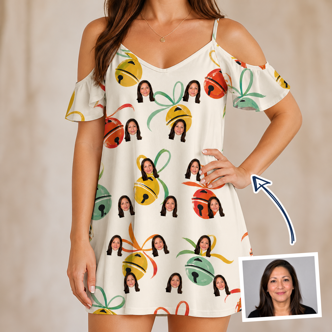 Woman wearing Women's Sleigh Bells Custom Face Off-Shoulder Dress — custom faces printed all-over