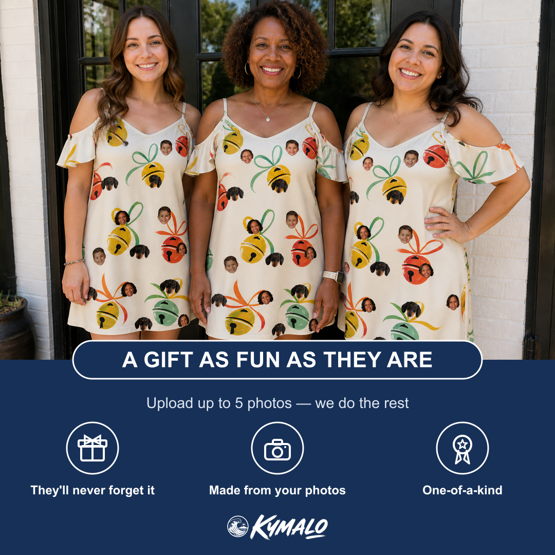 Friends in matching Women's Sleigh Bells Custom Face Off-Shoulder Dress — a group gift photo