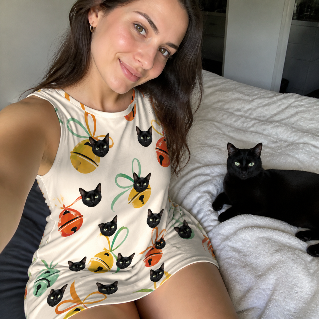 Selfie with the pet whose face is printed all over this Women's Sleigh Bells Custom Cat Face Tank Dress