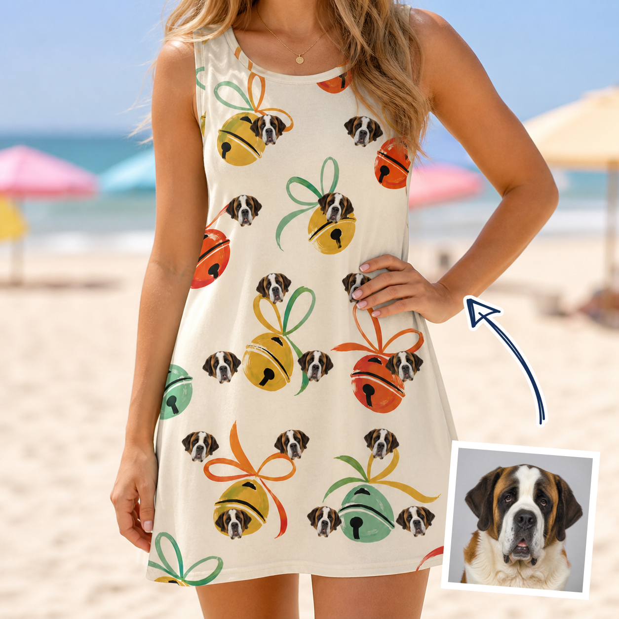Woman wearing Women's Sleigh Bells Custom Dog Face Tank Dress — custom faces printed all-over