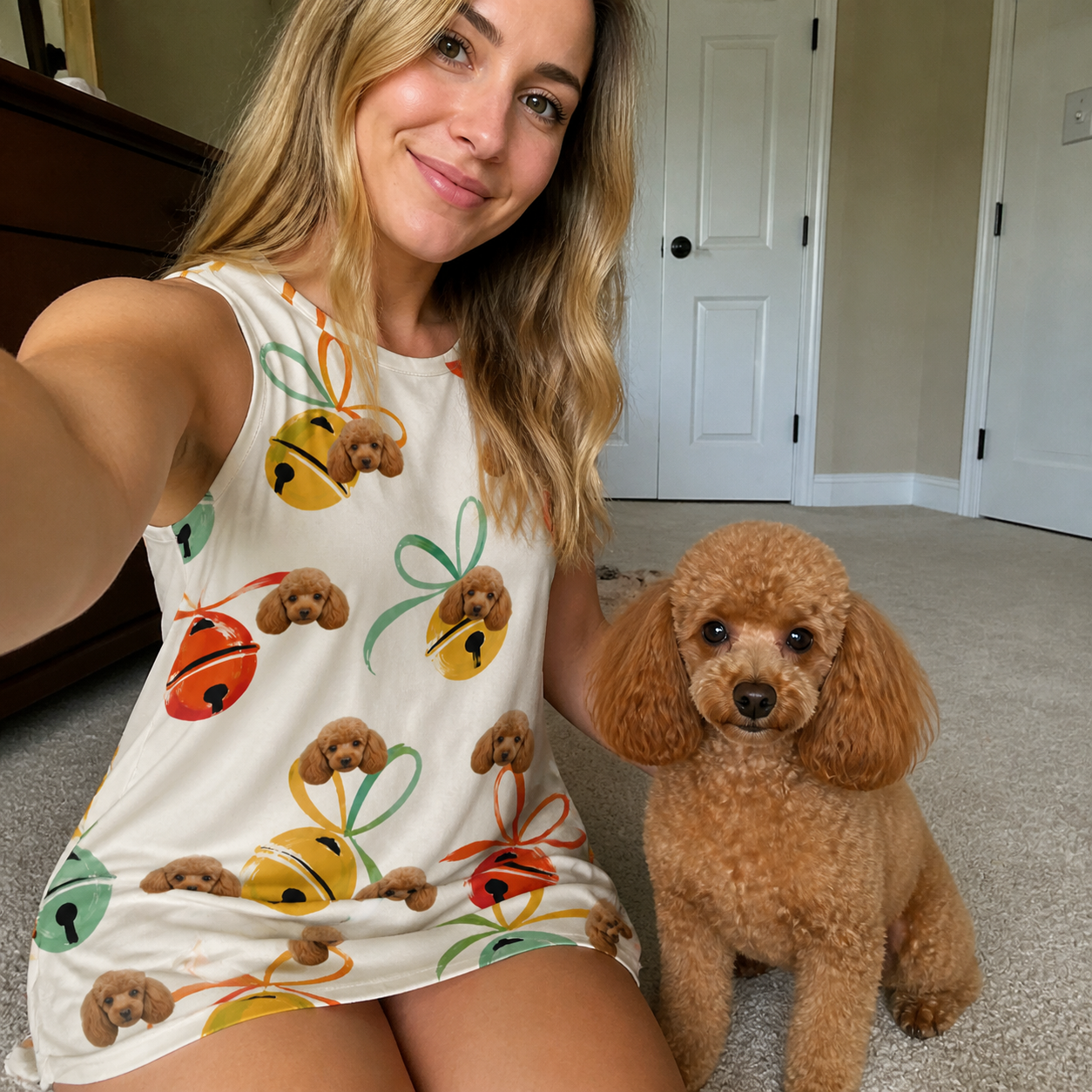 Selfie with the pet whose face is printed all over this Women's Sleigh Bells Custom Dog Face Tank Dress