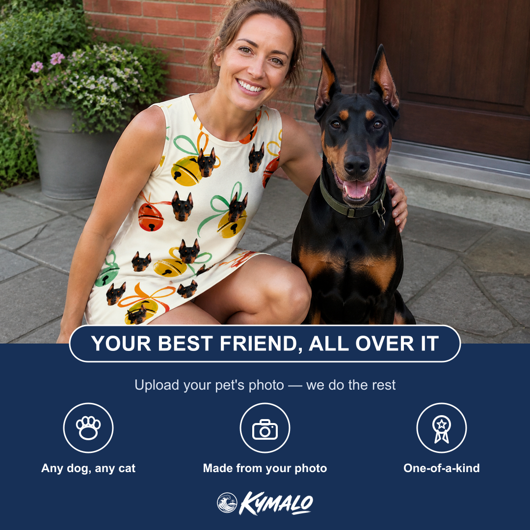 Friends in matching Women's Sleigh Bells Custom Dog Face Tank Dress — a group gift photo